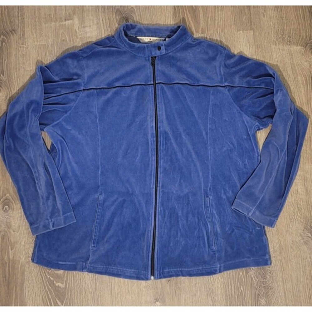 Women's Tommy Hilfiger Velour Jacket Size 2XL Blue Soft Zippered Front‎